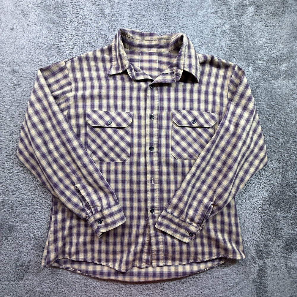 Vintage 80s Button Up Flannel Plaid Shirt Mens L/XL Woven Blue Red Beige